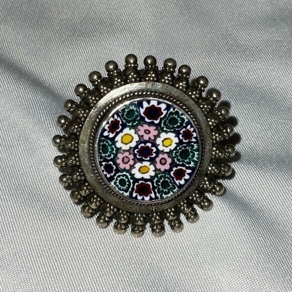 VTG ITALIAN MURANO GLASS CIRCLE STARBURST STATEMENT SILVER TONE RING SZ 8 - Picture 2 of 10